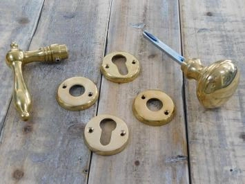 Set : 1 bouton de porte, 1 valet et 4 rosettes, ferrures de porte, laiton poli brillant