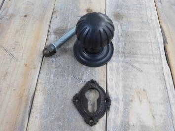 Poignée de porte étroite fixe, avec rosace, en fer ancien
