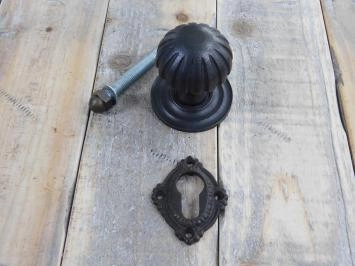 Poignée de porte étroite fixe, avec rosace, en fer ancien