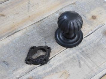 Poignée de porte étroite fixe, avec rosace, en fer ancien