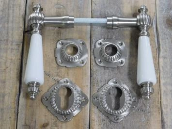 Ensemble de quincaillerie de porte - serrure cylindrique adaptée - nickel mat avec poignées en porcelaine blanche