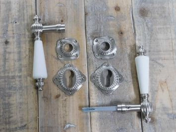 Ensemble de quincaillerie de porte - serrure cylindrique adaptée - nickel mat avec poignées en porcelaine blanche