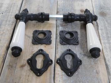 Set Poignées de porte avec poignée en céramique en blanc antique, 2 boutons, rosettes, 2-cases rosettes PZ, porte, fer