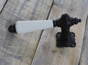 Set Poignées de porte avec poignée en céramique en blanc antique, 2 boutons, rosettes, 2-cases rosettes PZ, porte, fer