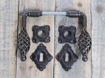 Ensemble de ferrures de portes fermées. 2 serrures, 2 boutons, rosaces, 2 rosaces de serrure, mandrin inclus - pour portes intérieures, fer ciré