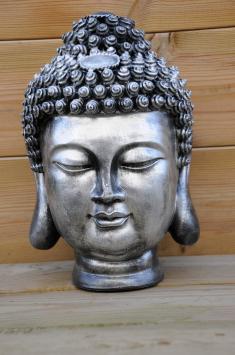 Indonesischer Buddha, Kopf, Kunststoff, grau-silber