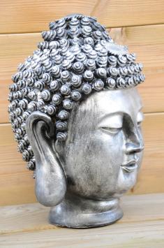 Indonesischer Buddha, Kopf, Kunststoff, grau-silber