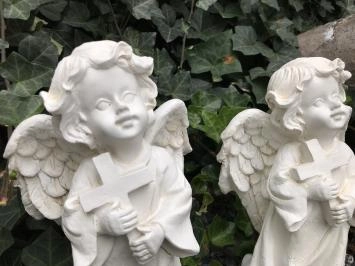 Lot de 2 anges avec croix - polystone - 24 cm - blanc