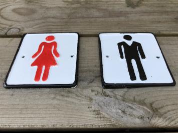 Set van tekens voor de wc-deur, gietijzer geschilderd, Man + Vrouw