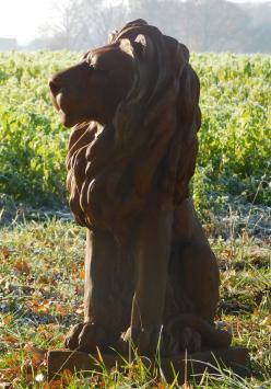 Schöner sitzender Löwe, Polystone, schöne Statue, Blick nach rechts, oxid
