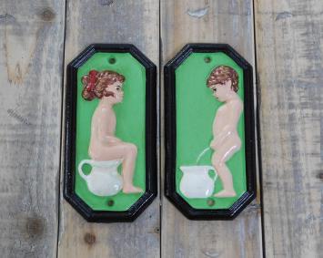 Schildersatz für die Toilettentür, Gusseisen lackiert, Mann + Frau