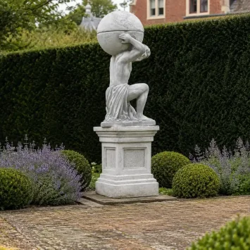 Atlas met bol en bloempot - op sokkel - steen - 170 cm