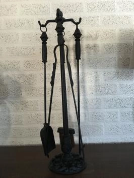 1 jeu d'outils de cheminée, noir, en fonte