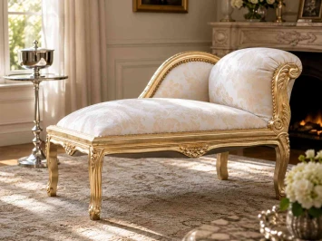 Vintage chaiselongue – barokstijl – goudkleurig hout – beige