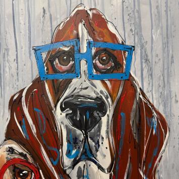 Bassethonden met rode en blauwe brillen - half-abstract