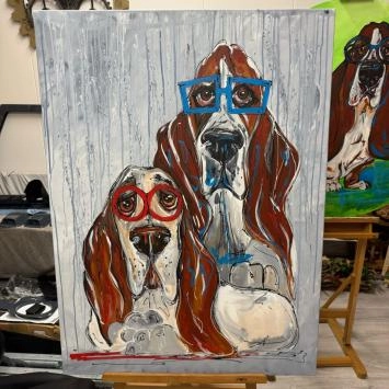 Bassethonden met rode en blauwe brillen - half-abstract