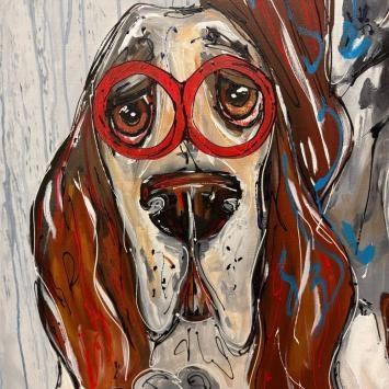 Bassethonden met rode en blauwe brillen - half-abstract