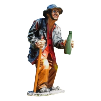 Beeld oude man – wandelstok en fles – polystone – 88 cm