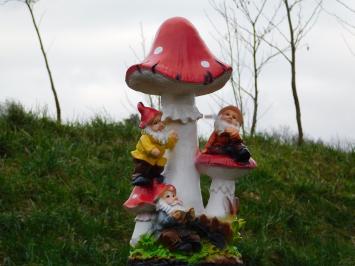 Pilz mit Gnomen - Polystone-Statue - 50 cm