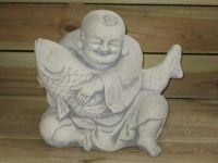 Bouddha - avec koi - statue en pierre - 35 cm - blanc classique