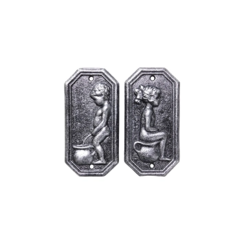 Gietijzeren toiletbordjes – man en vrouw – old silver look – set van 2