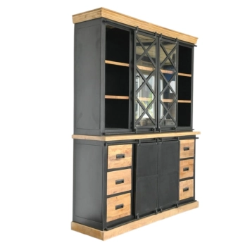 Buffet industriel - métal noir et bois - grand buffet colonial