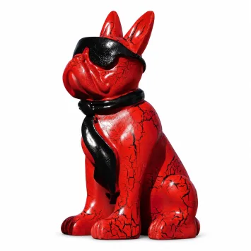 Franse bulldog beeld met zonnebril – rood en zwart – 35 cm