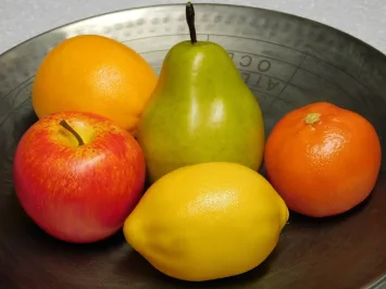 Ensemble de fruits artificiels – pomme, poire et agrumes – 5 pièces