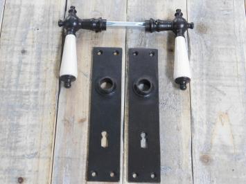 Set deurklinken + deurplaten voor binnendeur met porseleinen handgrepen - inclusief doorn - antiek ijzer