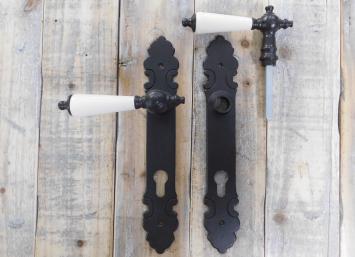 Paar Türgriffe mit Keramikgriff + 2 x Langschild aus Cotta für Haustüren, PZ92