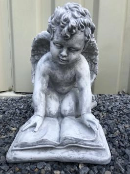 Ange avec livre - statue en pierre - 29 cm - plaque de texte