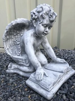 Ange avec livre - statue en pierre - 29 cm - plaque de texte