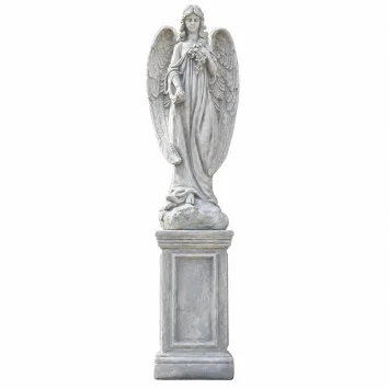 Stenen tuinbeeld engel met rozen op sokkel – 117 cm