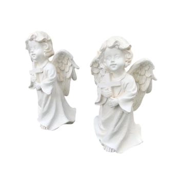 Set van 2 engelen met kruis - polystone - 24 cm - wit