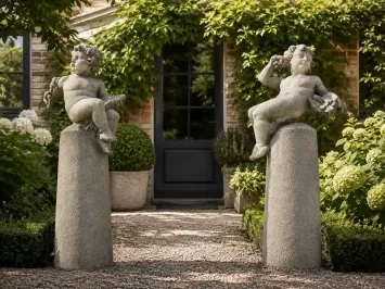 Klassieke set van 2 Putti op sokkel - 130 cm - vintage steen