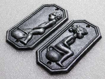 Plaques de toilettes en fonte – homme et femme – aspect argent vieilli – lot de 2