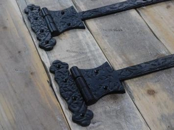 2 x charnières de porte, sangle de porte, sangle de poitrine noire, charnière de porte en fer antique médiévale.