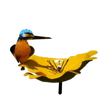 Gele bloem tuinsteker met ijsvogel – metaal – 70 cm