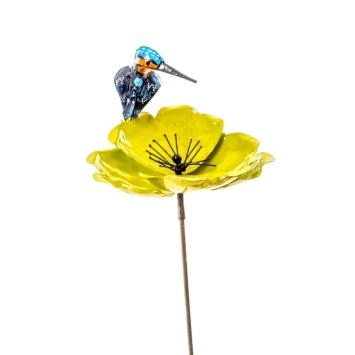 Gartenstab Gelbe Blume mit Eisvogel - Metall