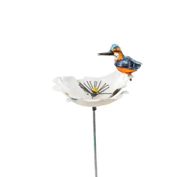 Gartensteckblume mit Eisvogel - Metall - Weiße Gartenblume