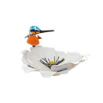 Gartensteckblume mit Eisvogel - Metall - Weiße Gartenblume