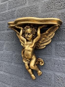 Wandornament, console polystone gold met engel.