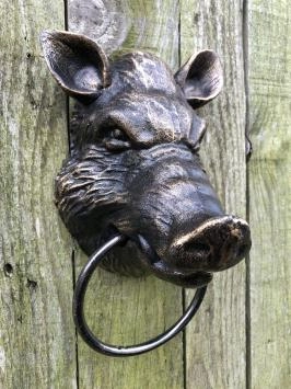 Fer à repasser en forme de tête de sanglier, aspect bronze, avec anneau porte-serviette