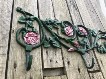 Porte-manteau mural, fonte verte avec roses rouges, 3 crochets robustes
