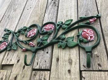 Porte-manteau mural, fonte verte avec roses rouges, 3 crochets robustes