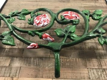 Porte-manteau mural, fonte verte avec roses rouges, 3 crochets robustes
