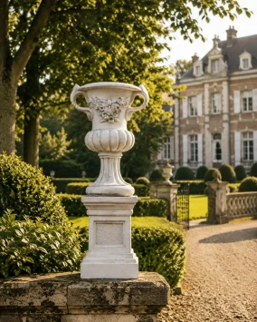 Vase en pierre sur socle avec oreilles – 153 cm – style classique.