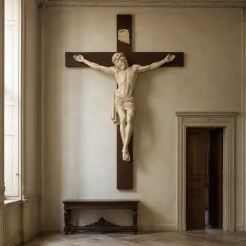 Monumentaal kruisbeeld van 300 cm in een klassiek interieur