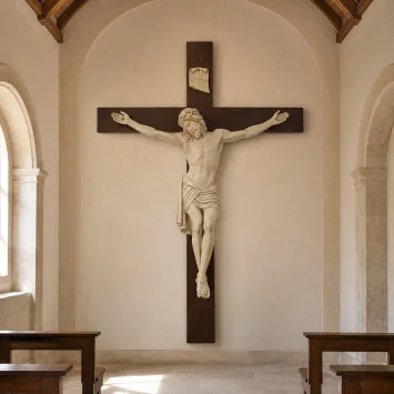 Groot Frans kruisbeeld als wanddecoratie in een lichte kapel