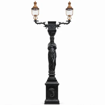 Antieke gietijzeren lantaarnpaal van 320 cm met vrouwenbeeld